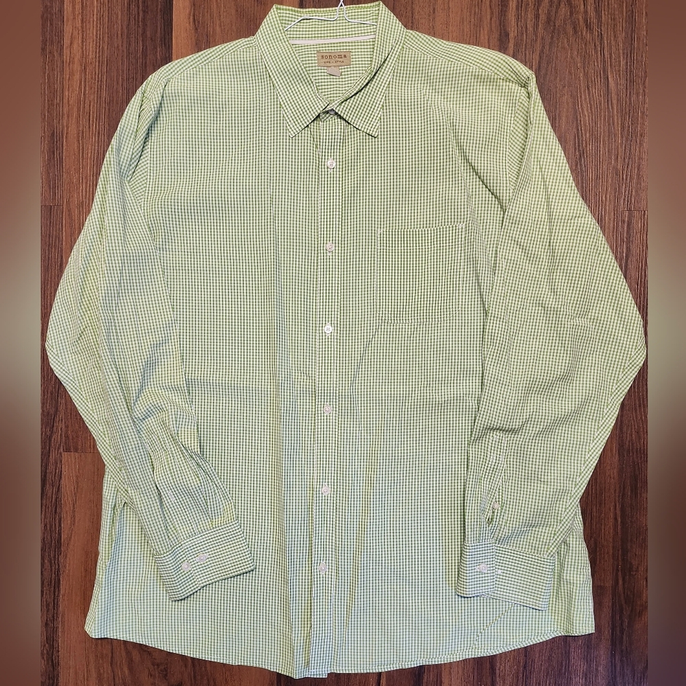 EUC Mens Sz XXL Sonoma Casual Poplin Long Sleeve Button-Up Green & White Shirt